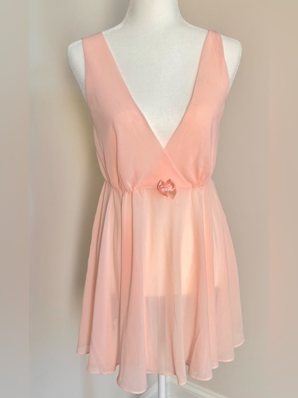 Gilligan & O'Malley Peach Pink Chiffon Babydoll Chemise & Thong Set L